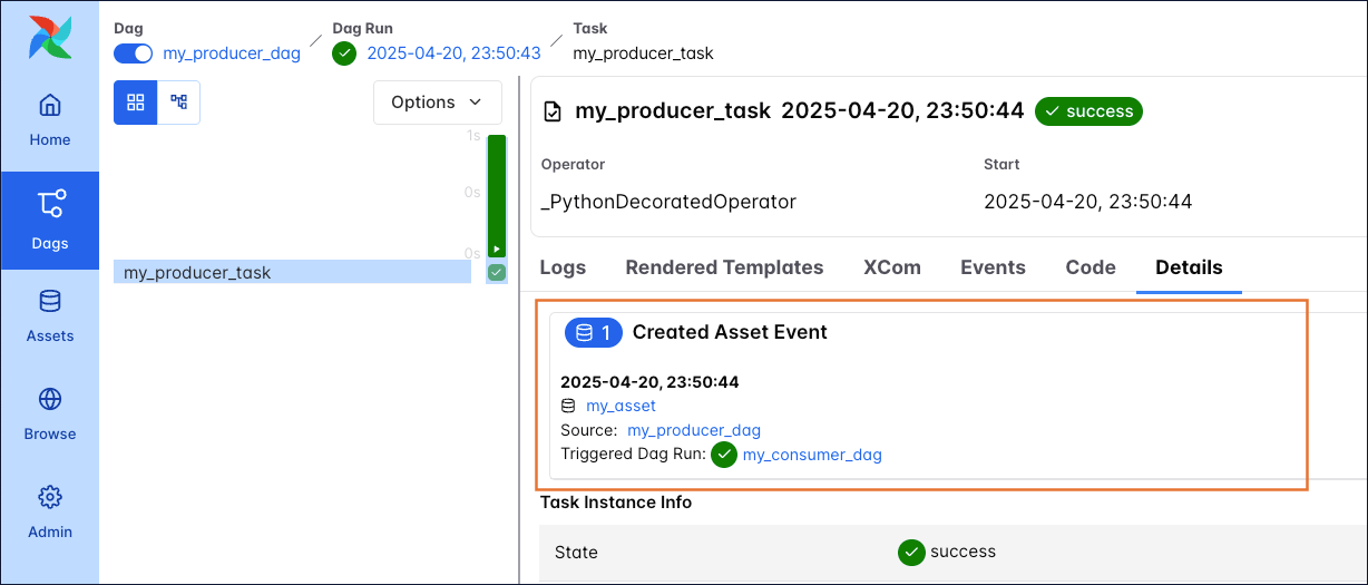 Screenshot of the Details tab of the my_producer_task showing one Asset event of the my_asset with one Triggered Dag Run