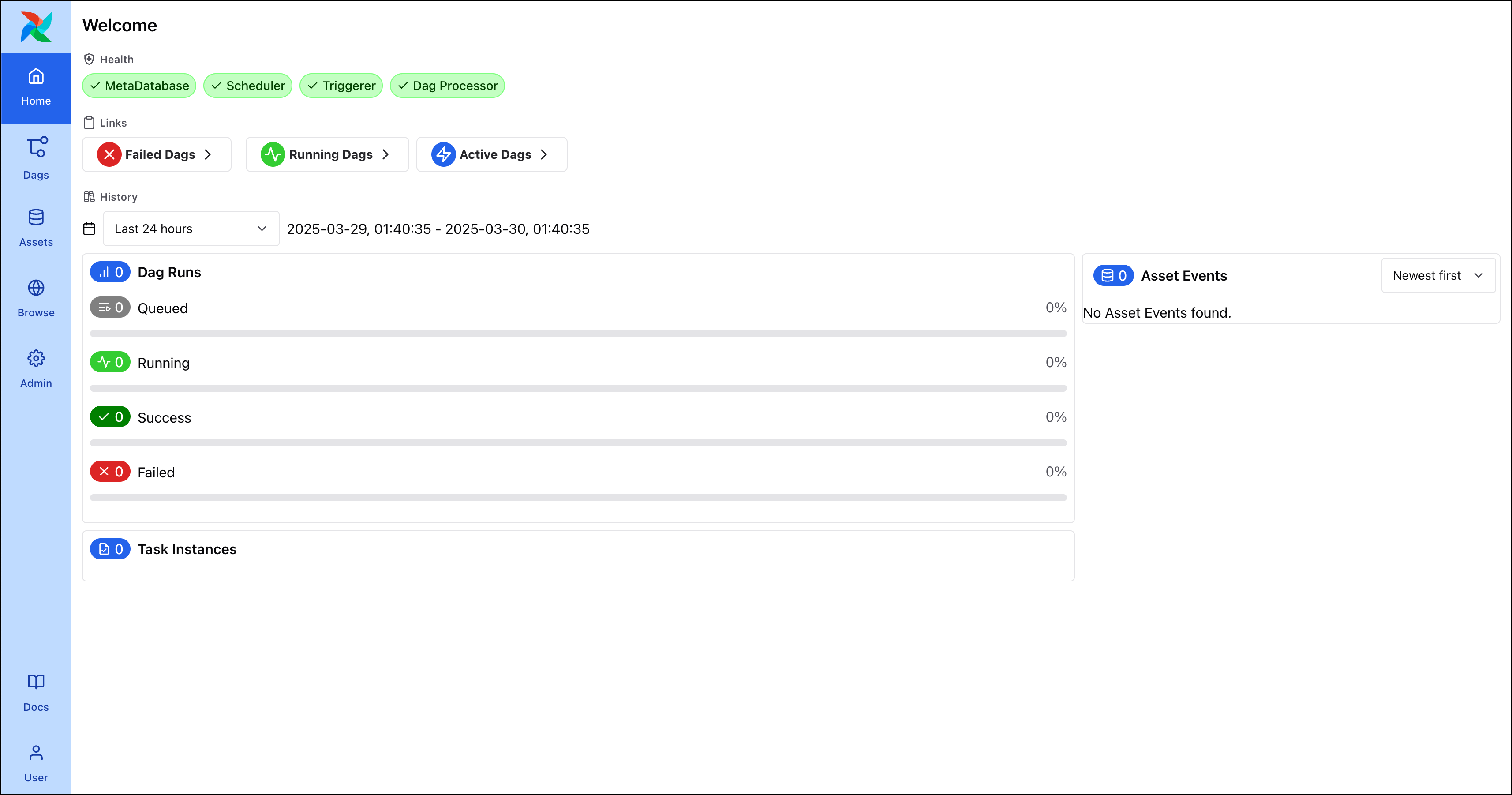 Screenshot of the Airflow UI Home page showing the status of the Airflow components and a list of recent DAG runs.