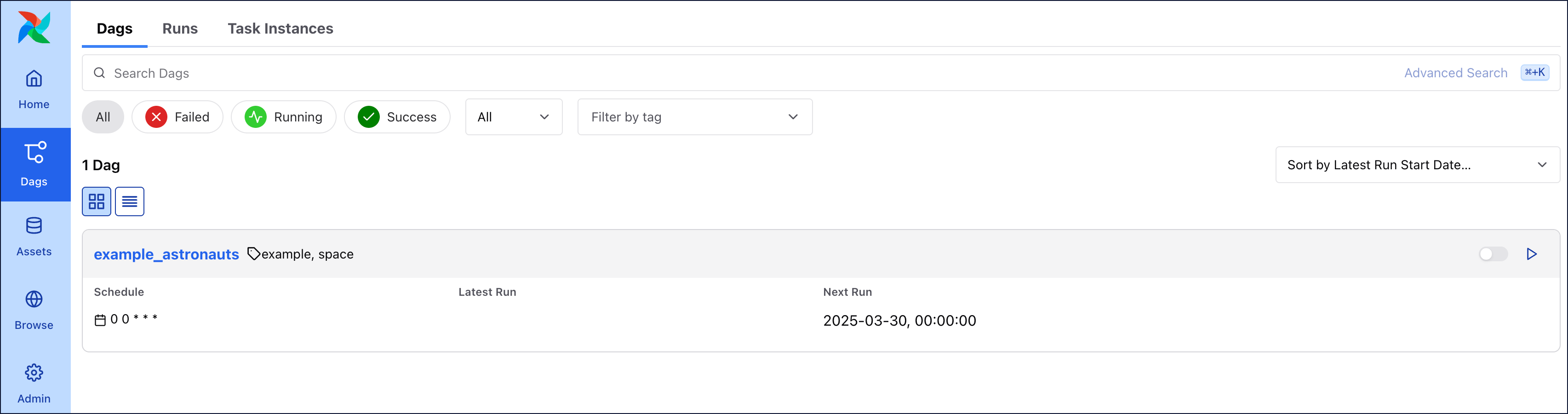 Screenshot of the DAGs page of the Airflow UI showing the example_astronauts DAG with no run history yet.