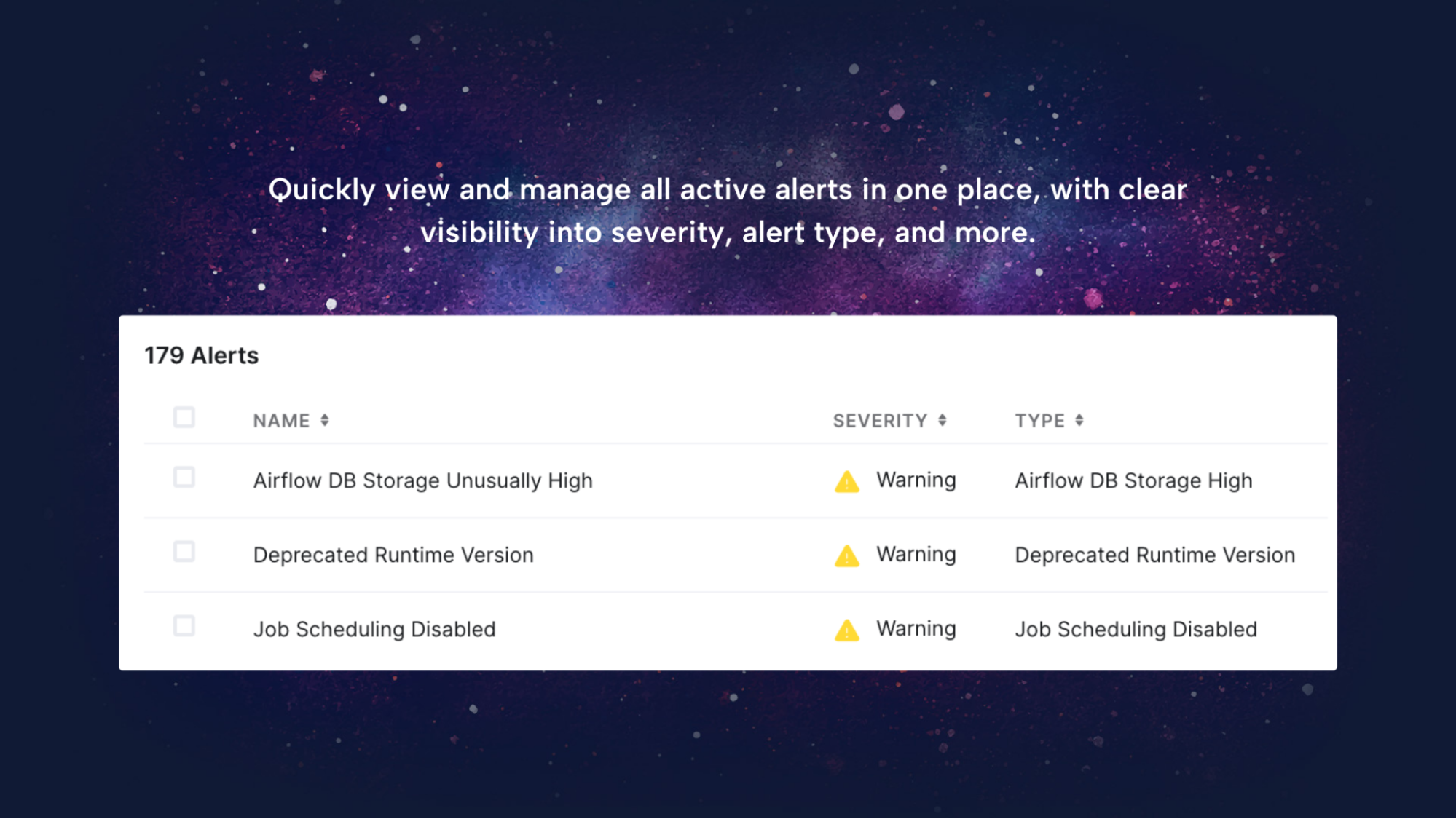 Quickly view and manage all active alerts in one place, with clear visibility into severity, alert type, and more. Quickly view and manage all active alerts in one place, with clear visibility into severity, alert type, and more.