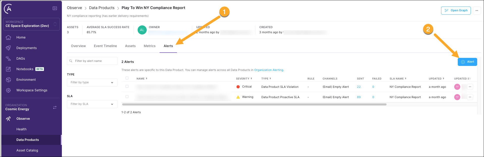 Astro Observe Alerts tab screenshot